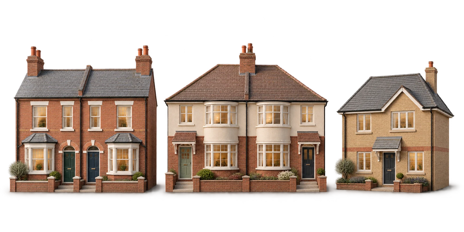 Architectural models of familiar British homes: a brick terrace, a semi-detached pair and a detached house.